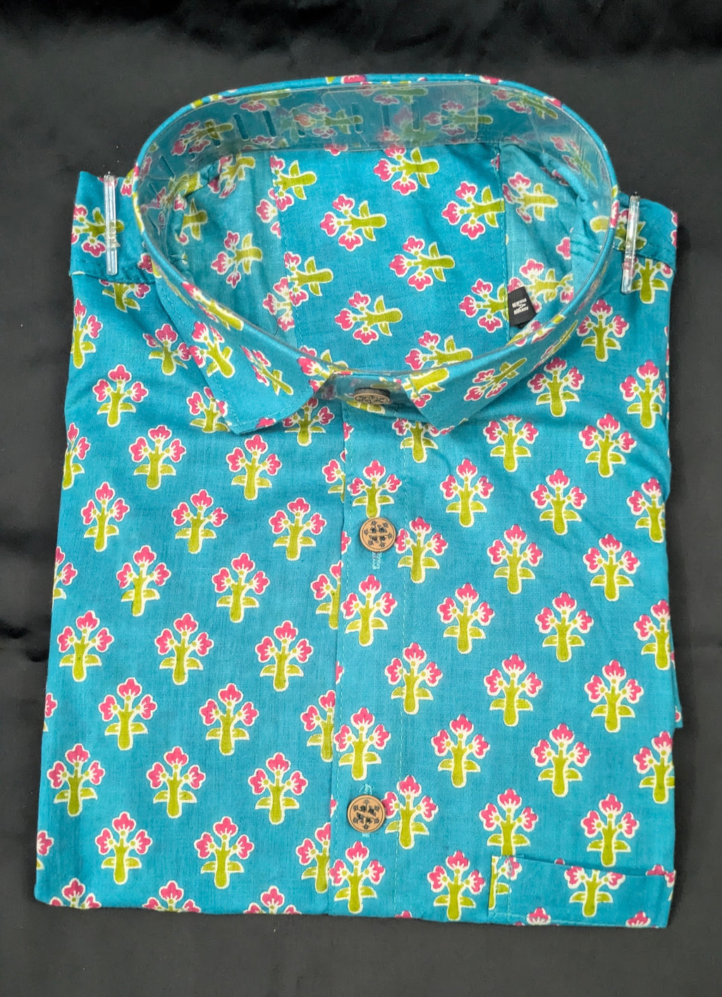 Turquoise Pink Floral Buta Print Shirt