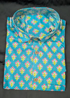 Turquoise Pink Floral Buta Print Shirt