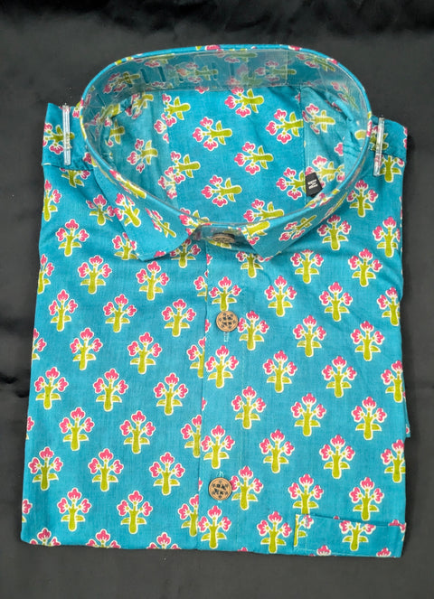 Turquoise Pink Floral Buta Print Shirt
