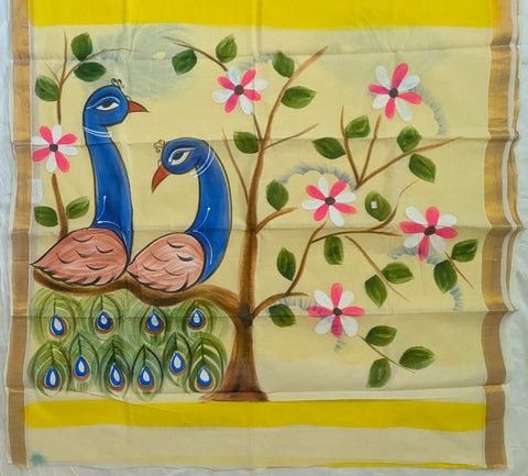 Kerela Cotton Hand Painted Yellow Peacock Saree - With Blouse