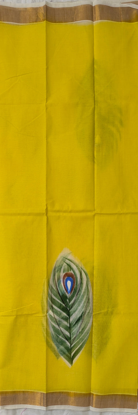 Kerela Cotton Hand Painted Yellow Peacock Saree - With Blouse