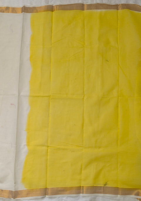 Kerela Cotton Hand Painted Yellow Peacock Saree - With Blouse