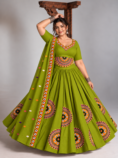 Ghoomar Half Chakra Olive Green Corset Lehenga Set- Plus size
