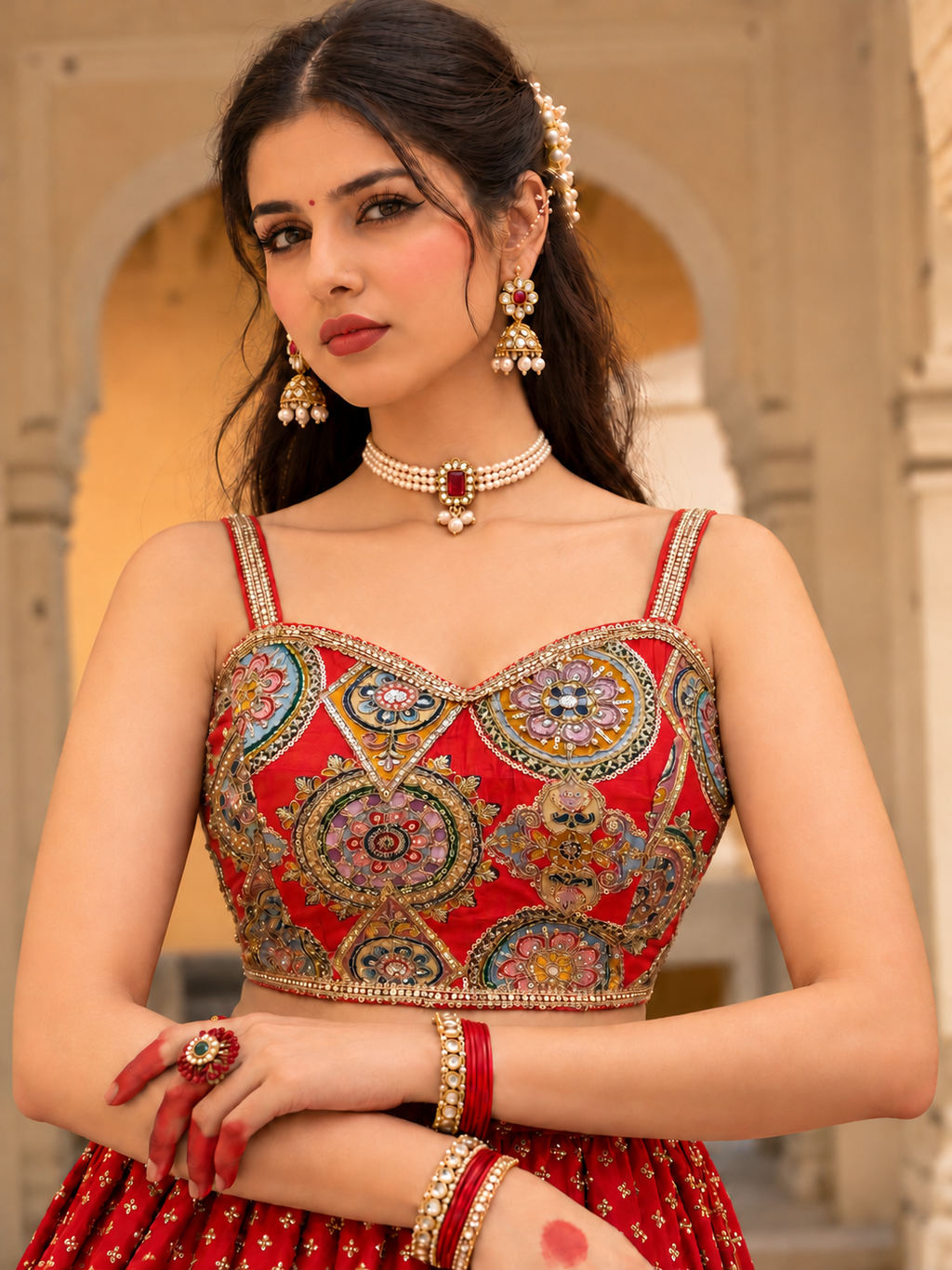 Red Multicolour Embroidered Designer Blouse