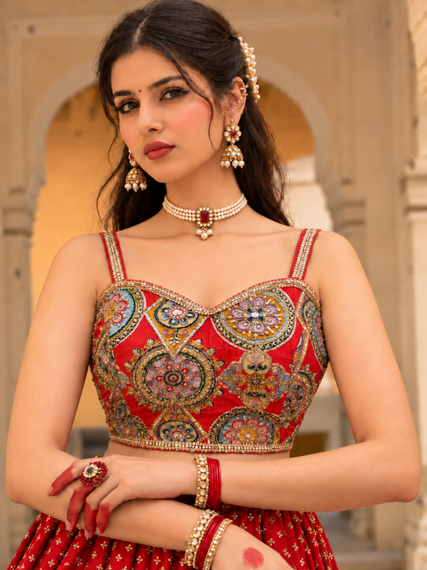 Red Multicolour Embroidered Designer Blouse