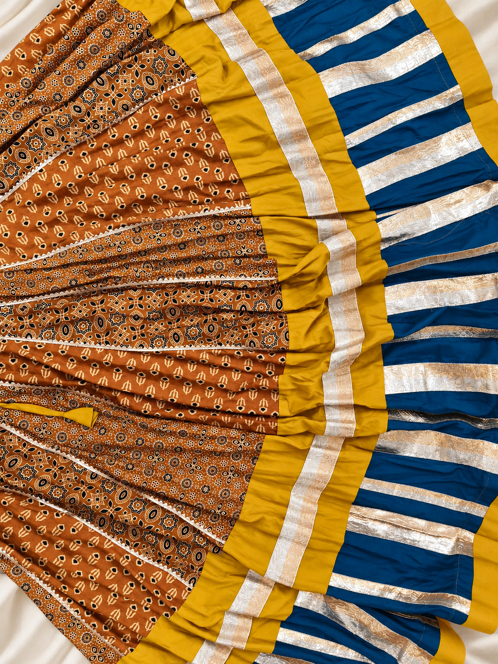 Mehendi Hai Rachne Wali – Teal &amp; Mustard Ajrakh Print Wedding Ghagra