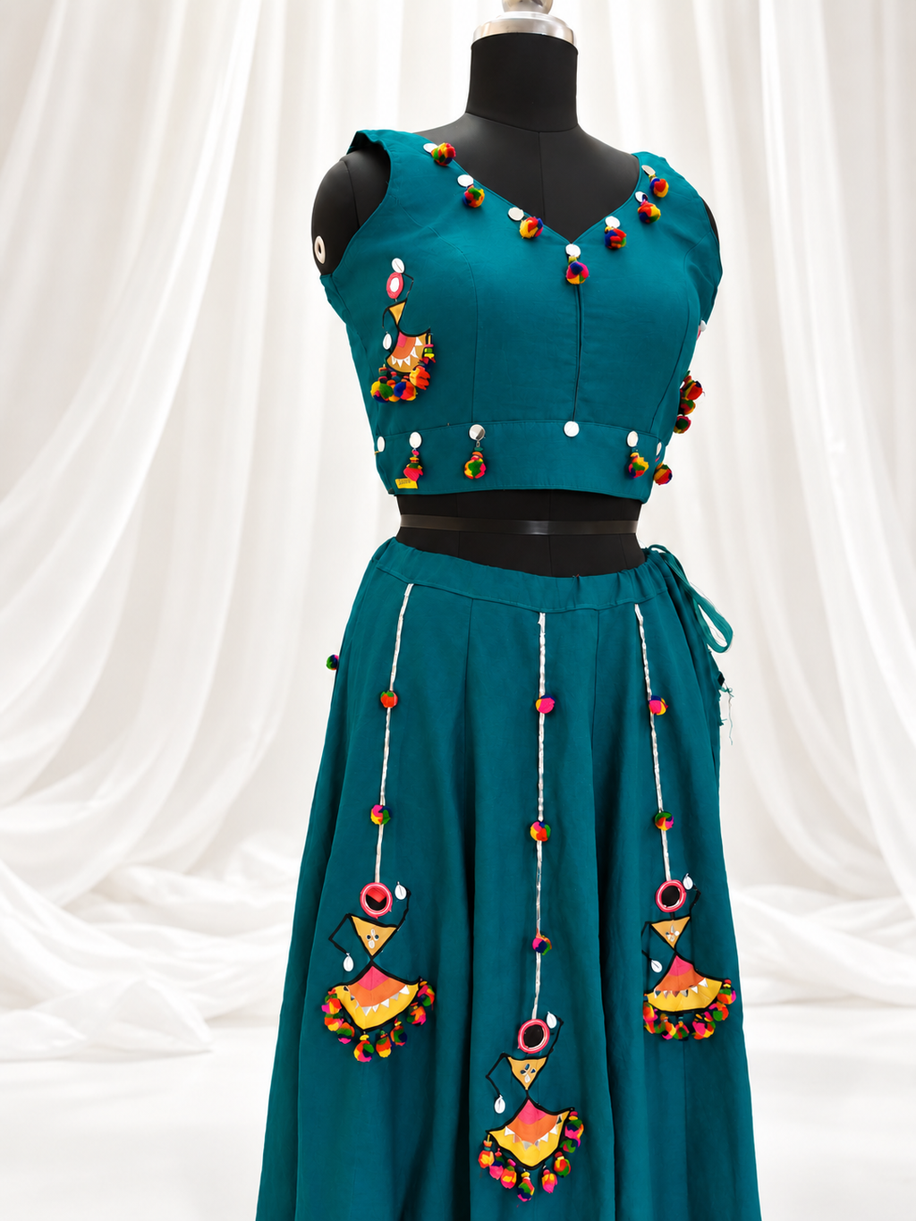 Teal khadi chaniya choli detail view