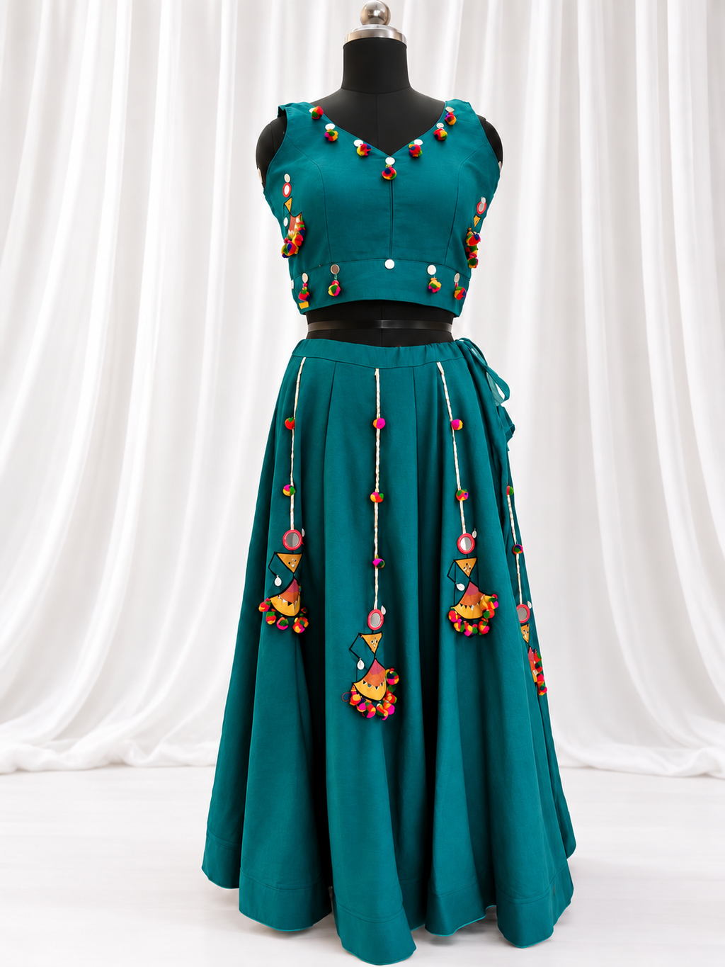 Teal khadi chaniya choli full set front