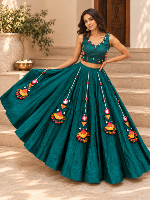 Teal khadi chaniya choli model shot
