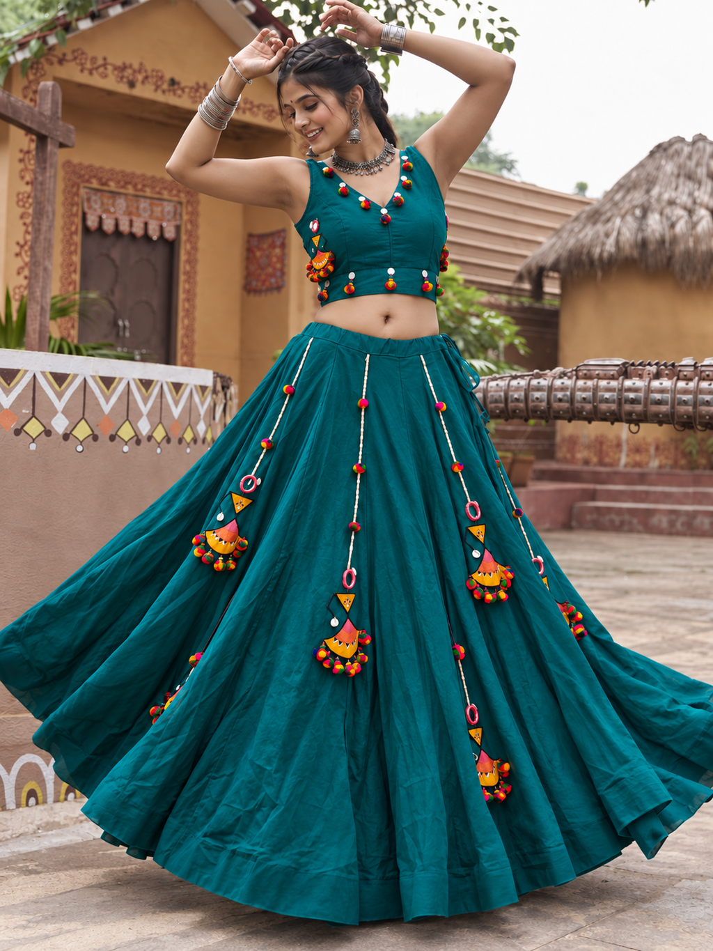 Teal khadi chaniya choli dancing model shot