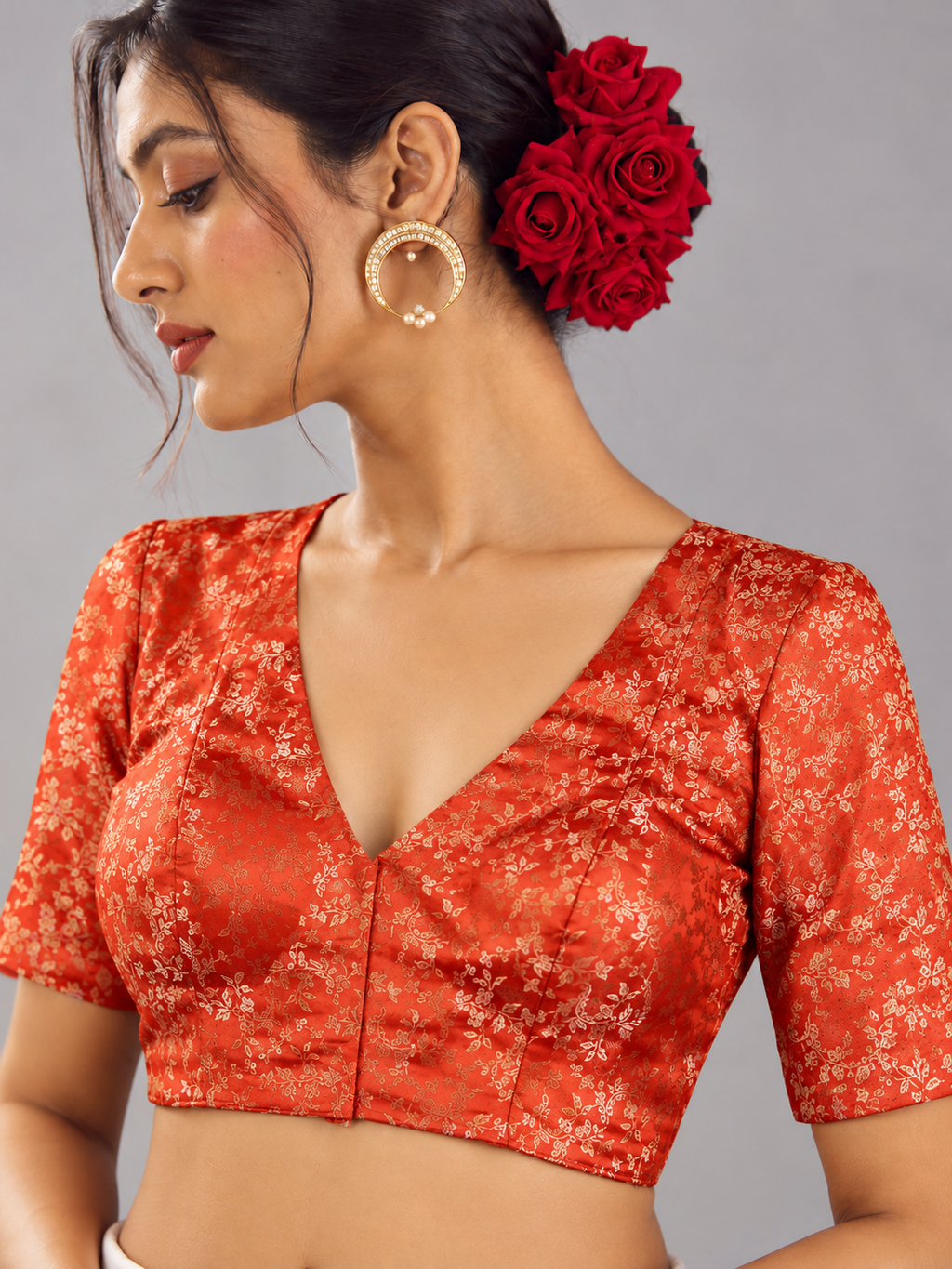 Banarasi Silk  | Orange Golden (Brocade Weave)  Designer Saree Blouse | V Neck Festive Blouse