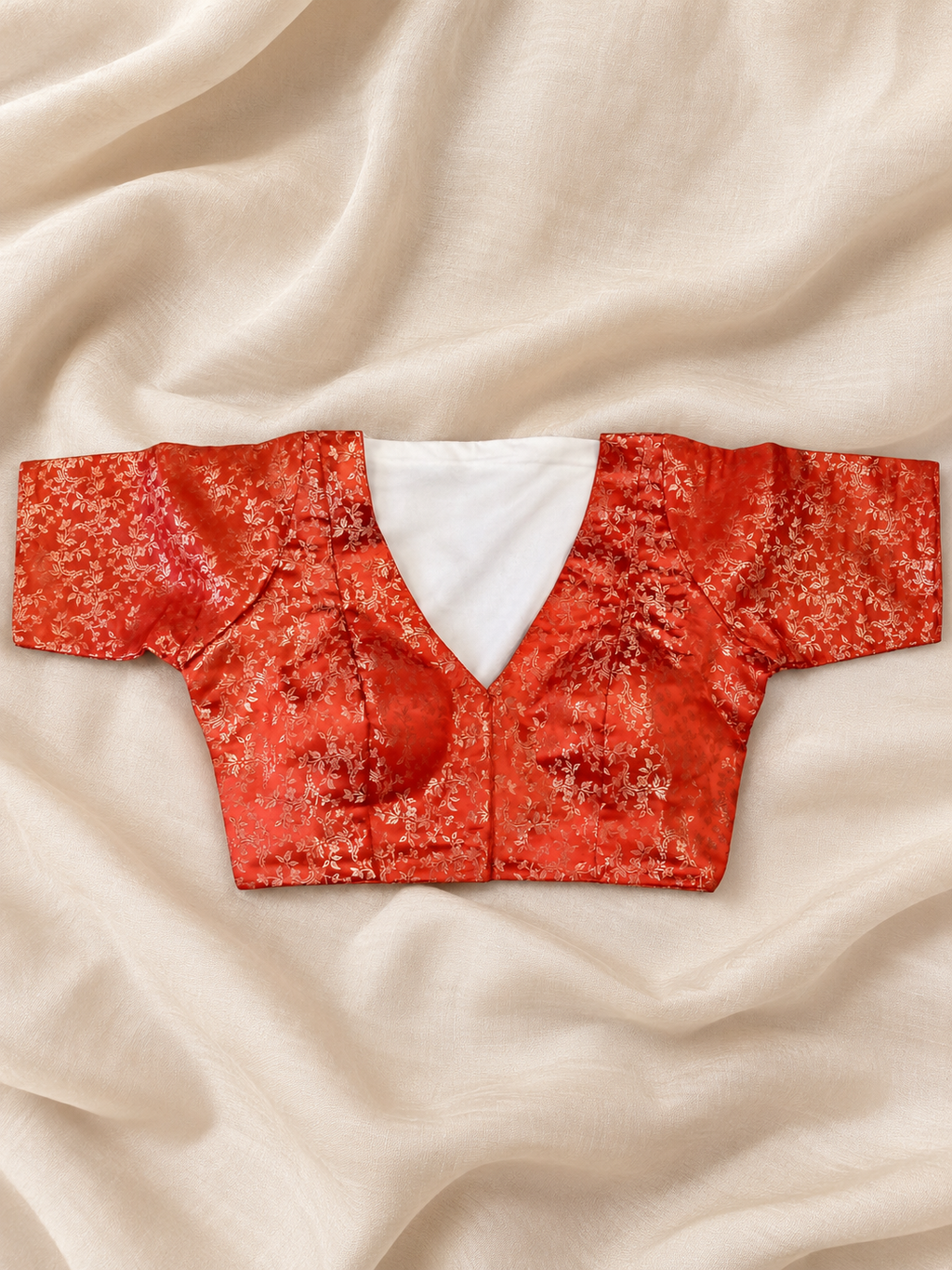 Banarasi Silk  | Orange Golden (Brocade Weave)  Designer Saree Blouse | V Neck Festive Blouse
