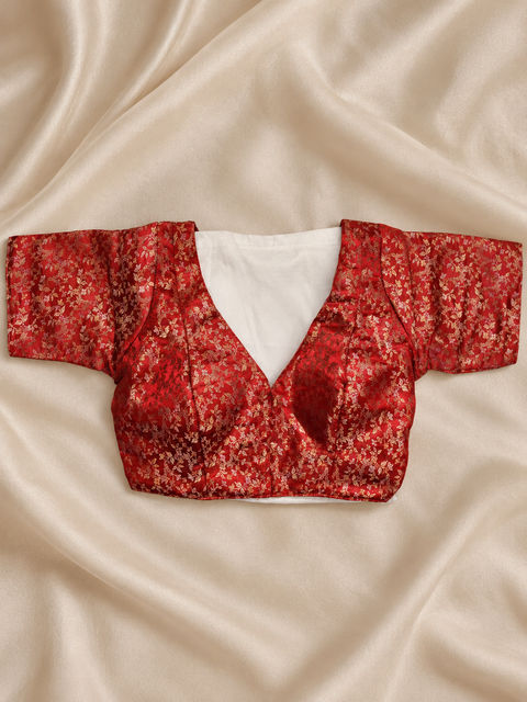 Surkh Gulaab Red Golden Floral Designer Saree Blouse | V Neck Festive Blouse