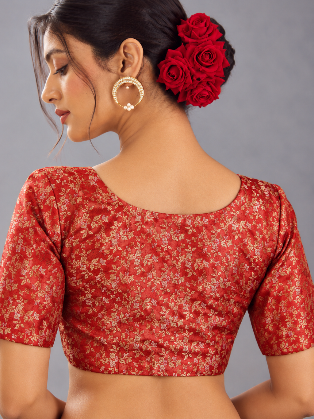 Surkh Gulaab Red Golden Floral Designer Saree Blouse | V Neck Festive Blouse