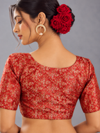 Surkh Gulaab Red Golden Floral Designer Saree Blouse | V Neck Festive Blouse