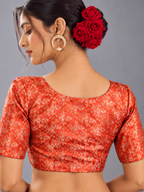 Banarasi Silk  | Orange Golden (Brocade Weave)  Designer Saree Blouse | V Neck Festive Blouse