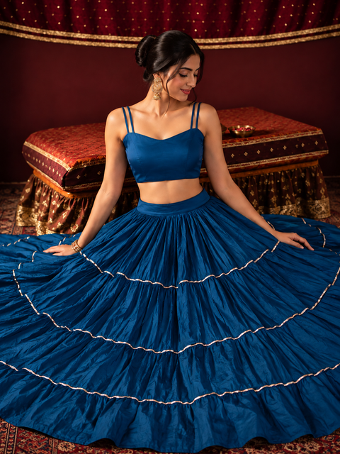 Peacock Coin Work Blue Lehenga Choli Set with Detachable Blouse Overlay | Navratri Garba Outfit