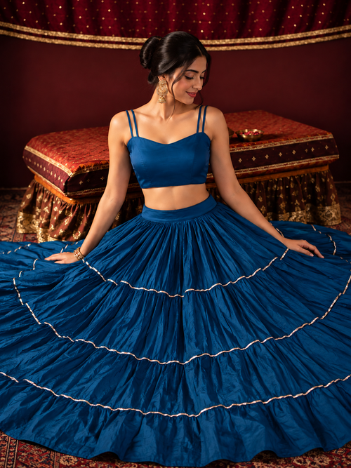 Peacock Coin Work Blue Lehenga Choli Set with Detachable Blouse Overlay | Navratri Garba Outfit
