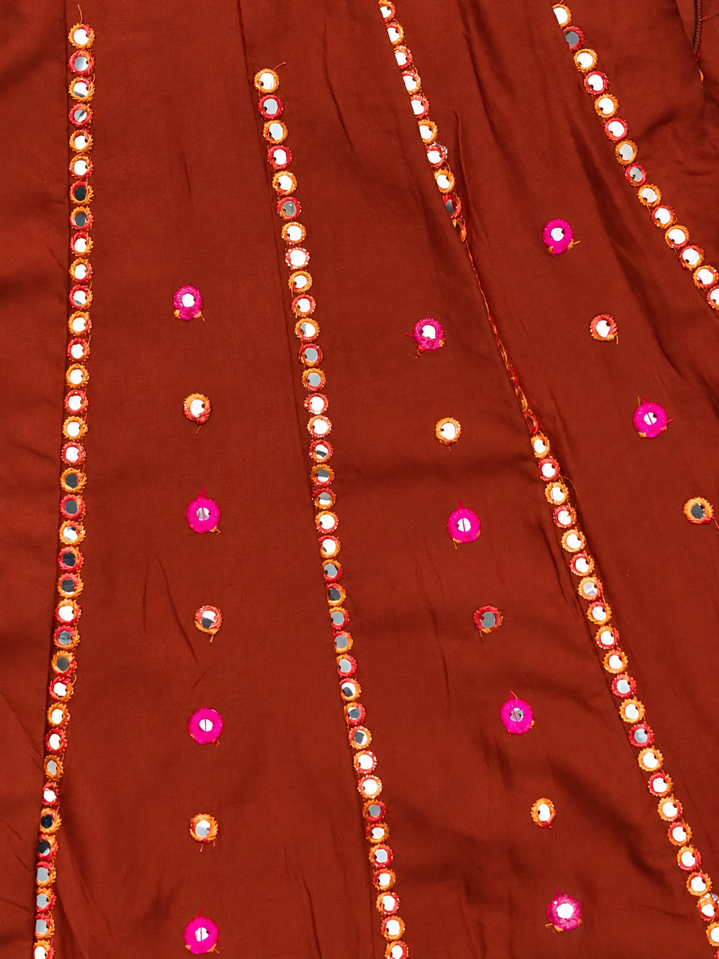 Rust Orange Multicolour Mirror Work Chaniya Choli Set with Geometric Embroidery