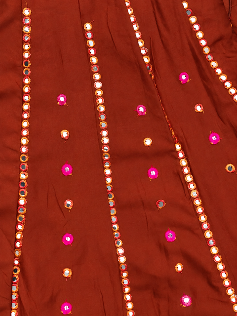 Rust Orange Multicolour Mirror Work Chaniya Choli Set with Geometric Embroidery