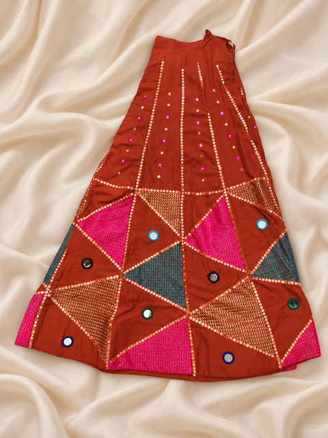 Rust Orange Multicolour Mirror Work Chaniya Choli Set with Geometric Embroidery