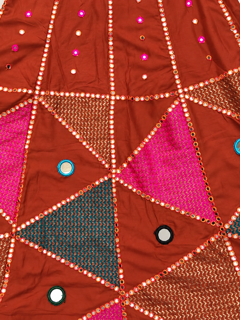 Rust Orange Multicolour Mirror Work Chaniya Choli Set with Geometric Embroidery