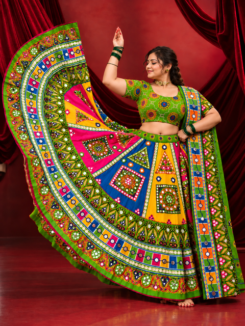 Rangeeli Raas Multicolor Mirror Work Chaniya Choli Set | Green Navratri Garba Lehenga