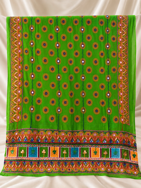 Rangeeli Raas Multicolor Mirror Work Chaniya Choli Set | Green Navratri Garba Lehenga