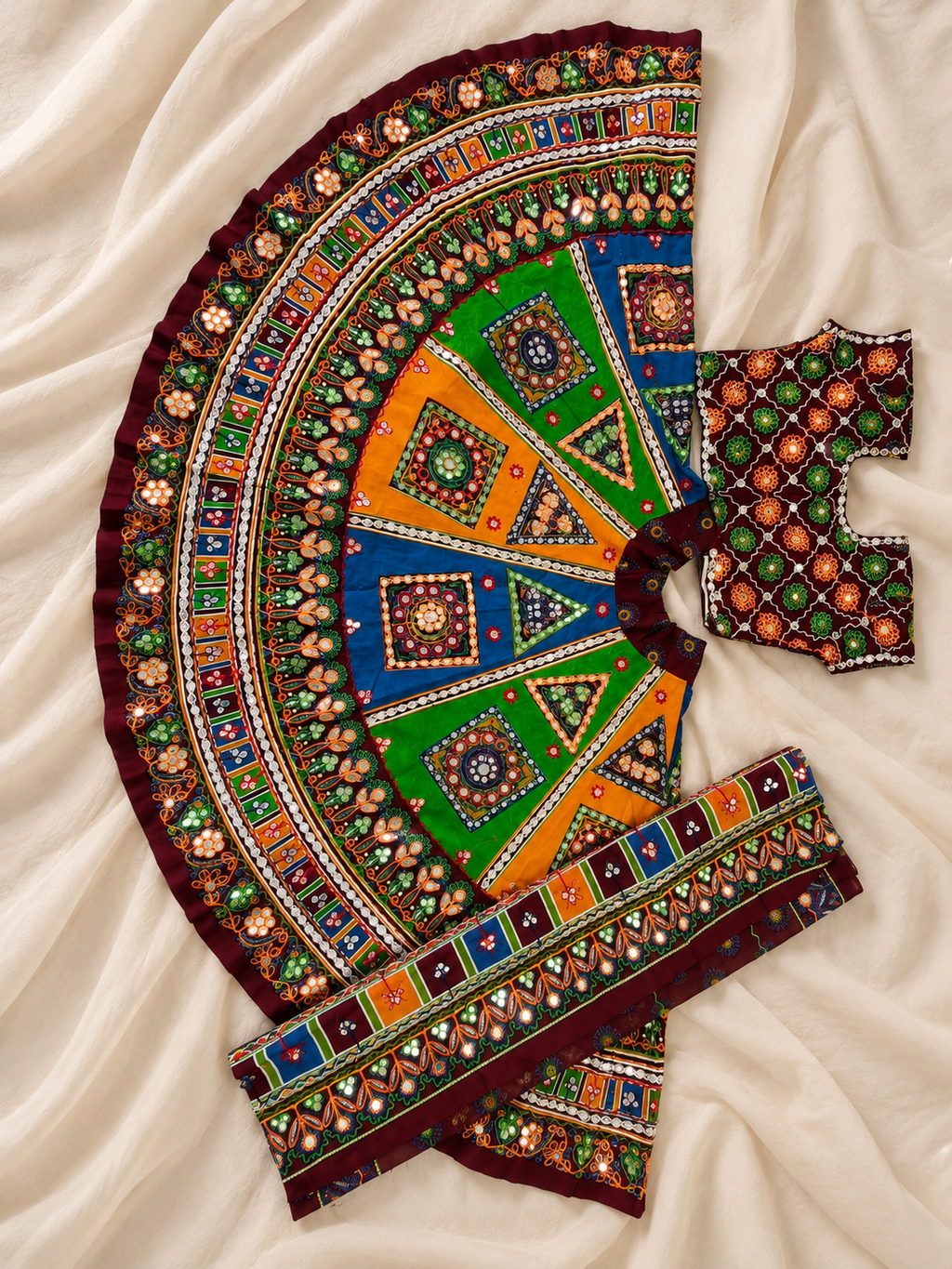 Traditional Gamthi Mirror Work Chaniya Choli with Dupatta – Multicolour Navratri Lehenga Set