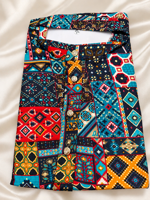 Rang De Basanti – Multicolour Patchwork Print Men's Kurta