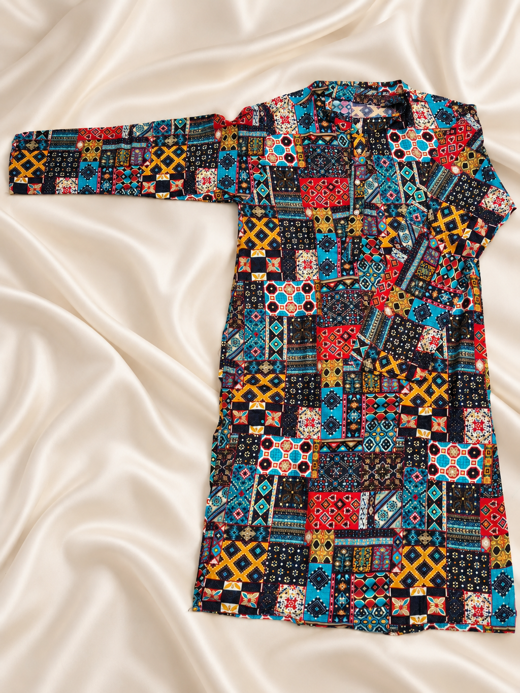 Rang De Basanti – Multicolour Patchwork Print Men's Kurta