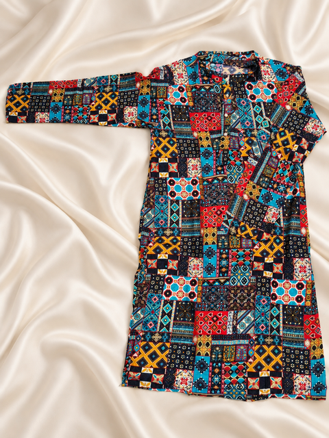 Rang De Basanti – Multicolour Patchwork Print Men's Kurta