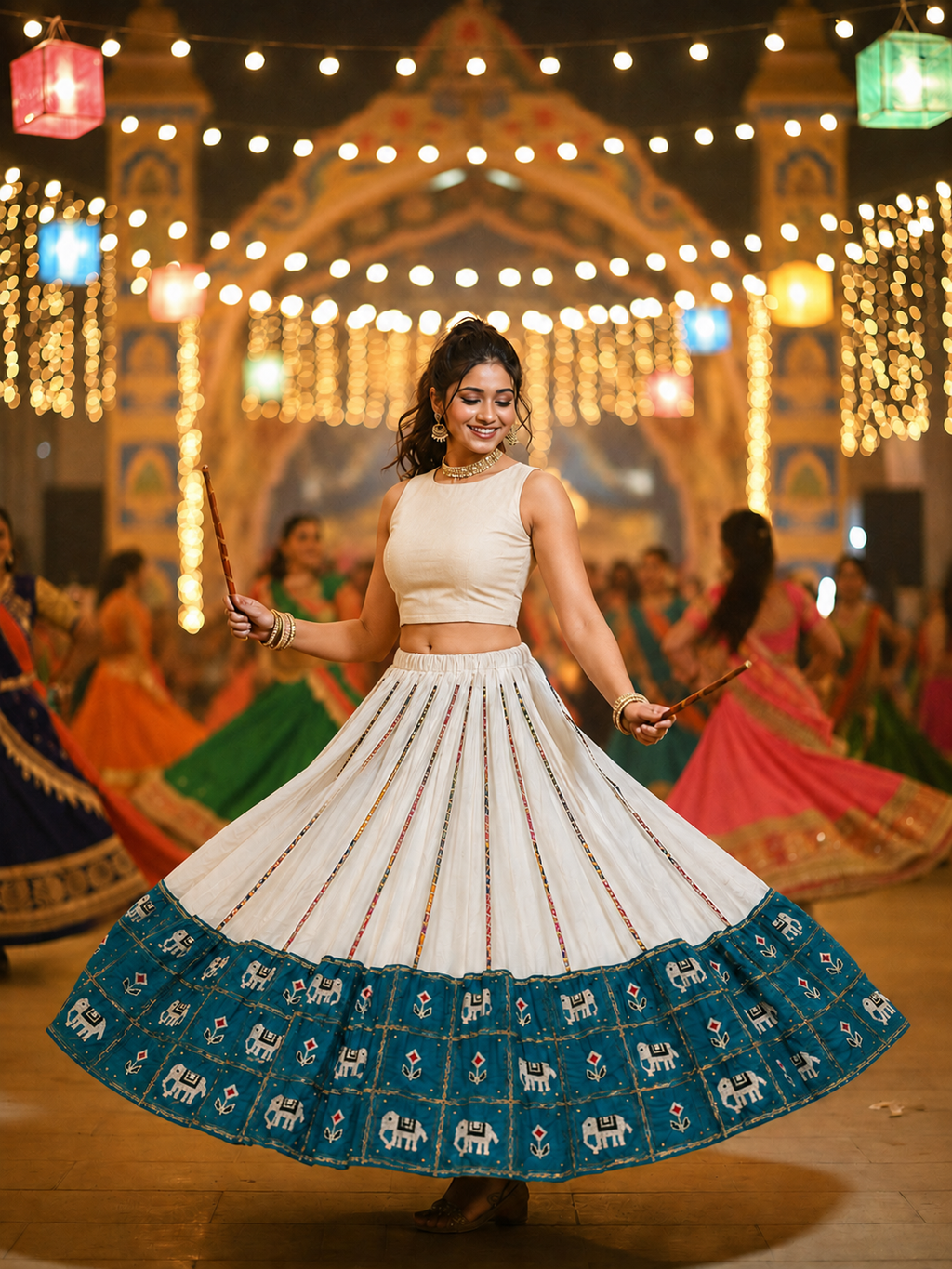 Model wearing ivory Navratri lehenga with teal elephant border