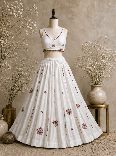 Mirror Work White bunting Lehenga Choli