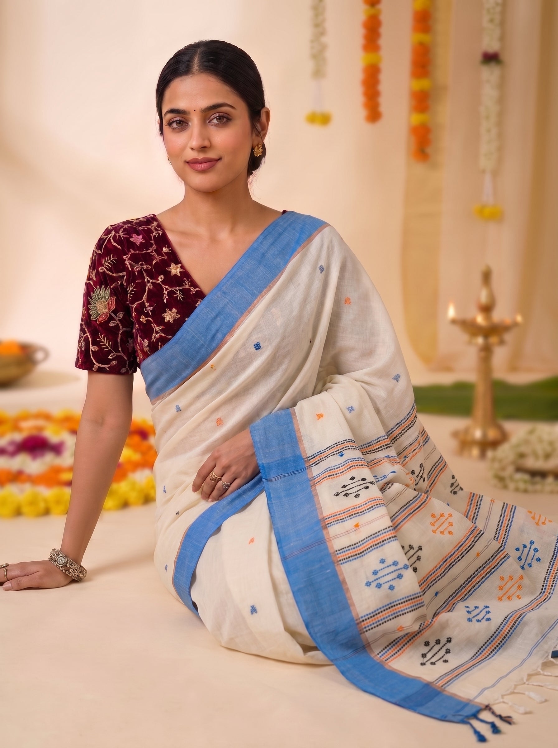Cotton Jamdani  Blue Saree