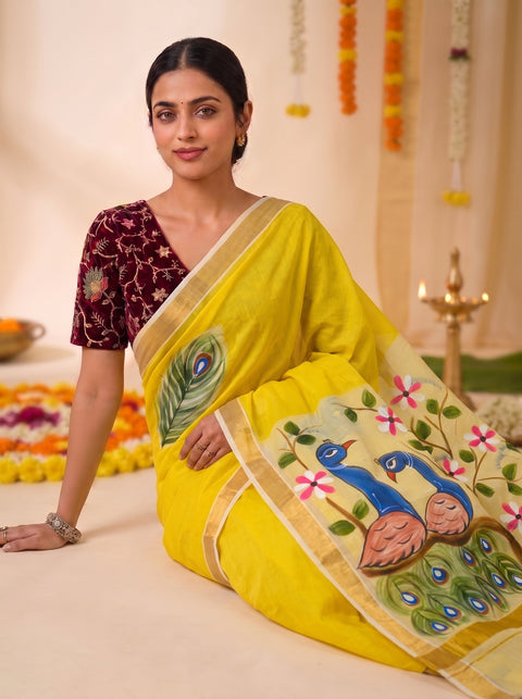 Kerela Cotton Hand Painted Yellow Peacock Saree - With Blouse