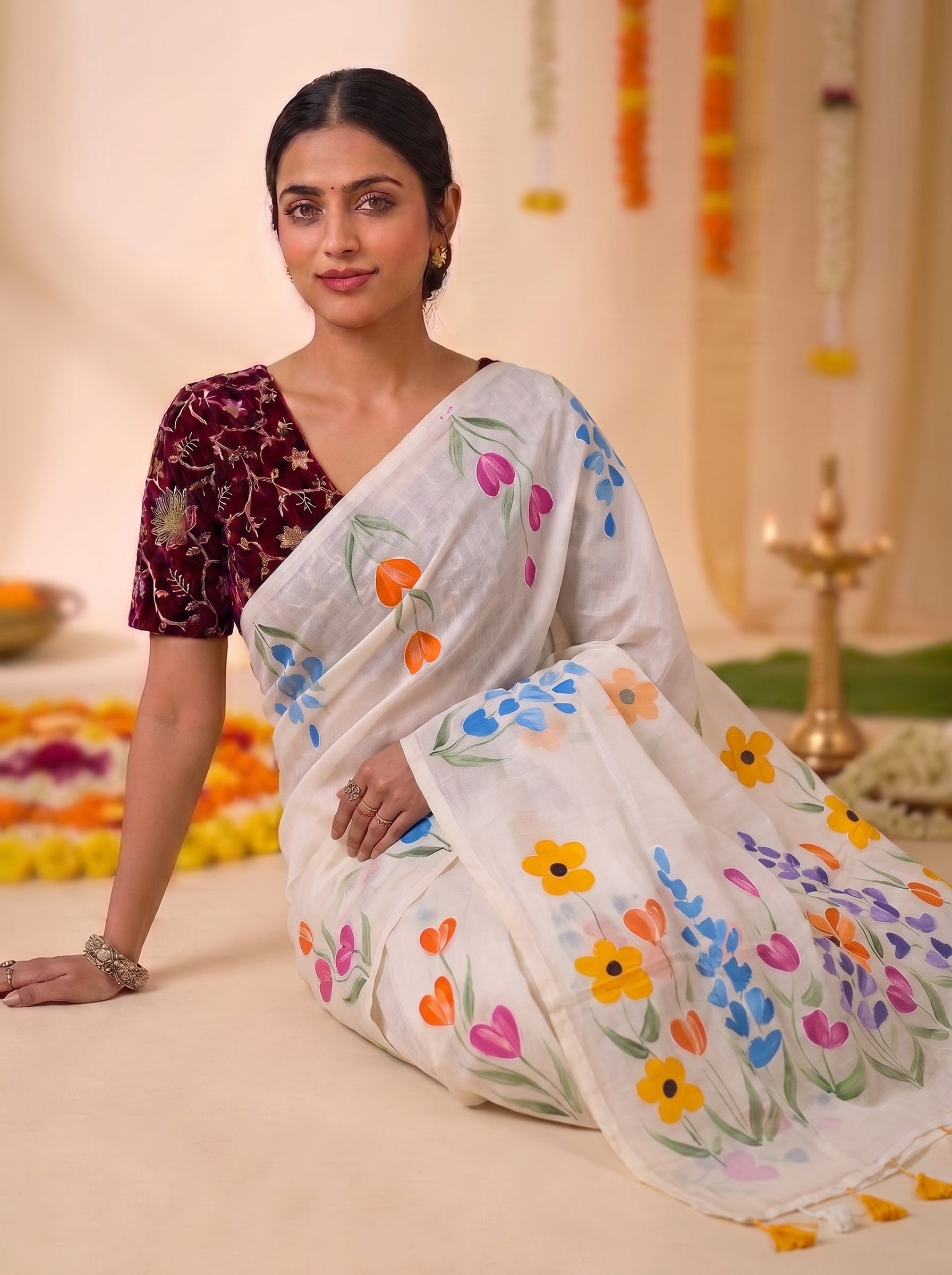 Onam Special Mul Cotton Hand Painted Saree