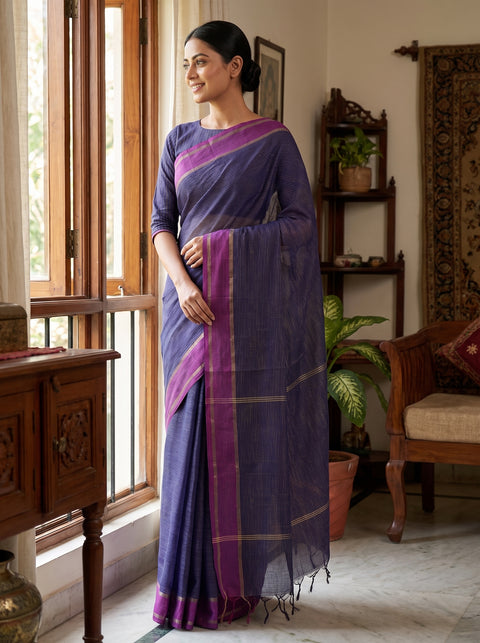 Khadi Striped Blue Saree