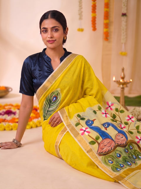 Kerela Cotton Hand Painted Yellow Peacock Saree - With Blouse