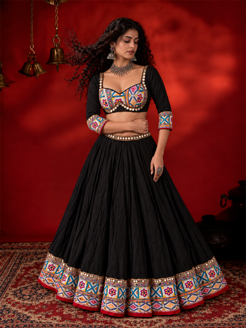 Aaja Nachle black Kutchi embroidered mirror-work chania choli model view