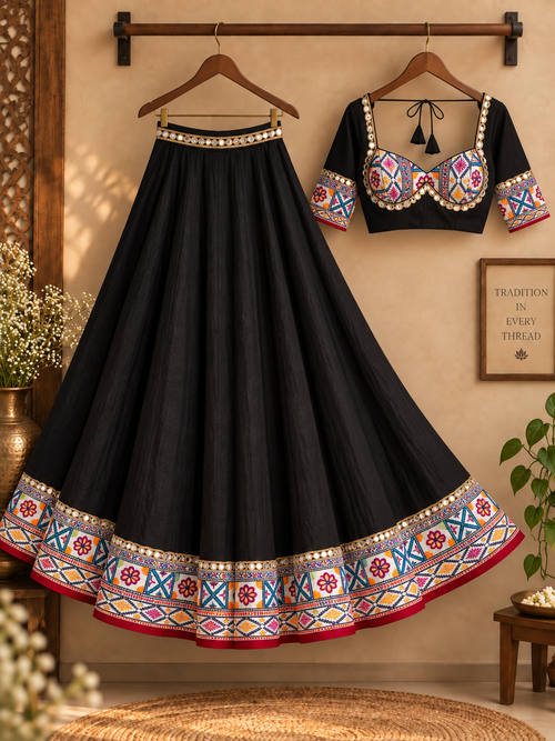 Black Kutchi embroidered ghagara and blouse product display