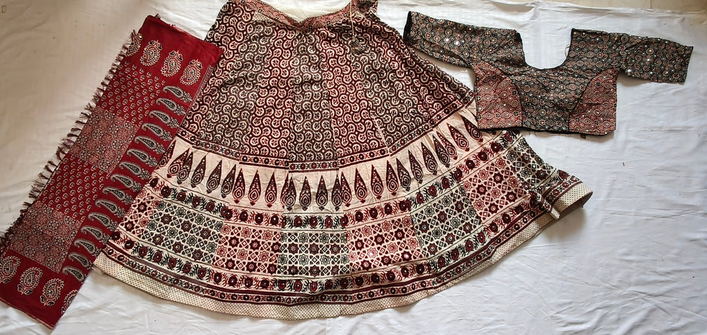 Ajrak Chania Choli complete set flat lay