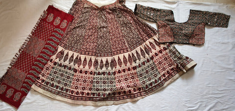 Ajrak Chania Choli complete set flat lay
