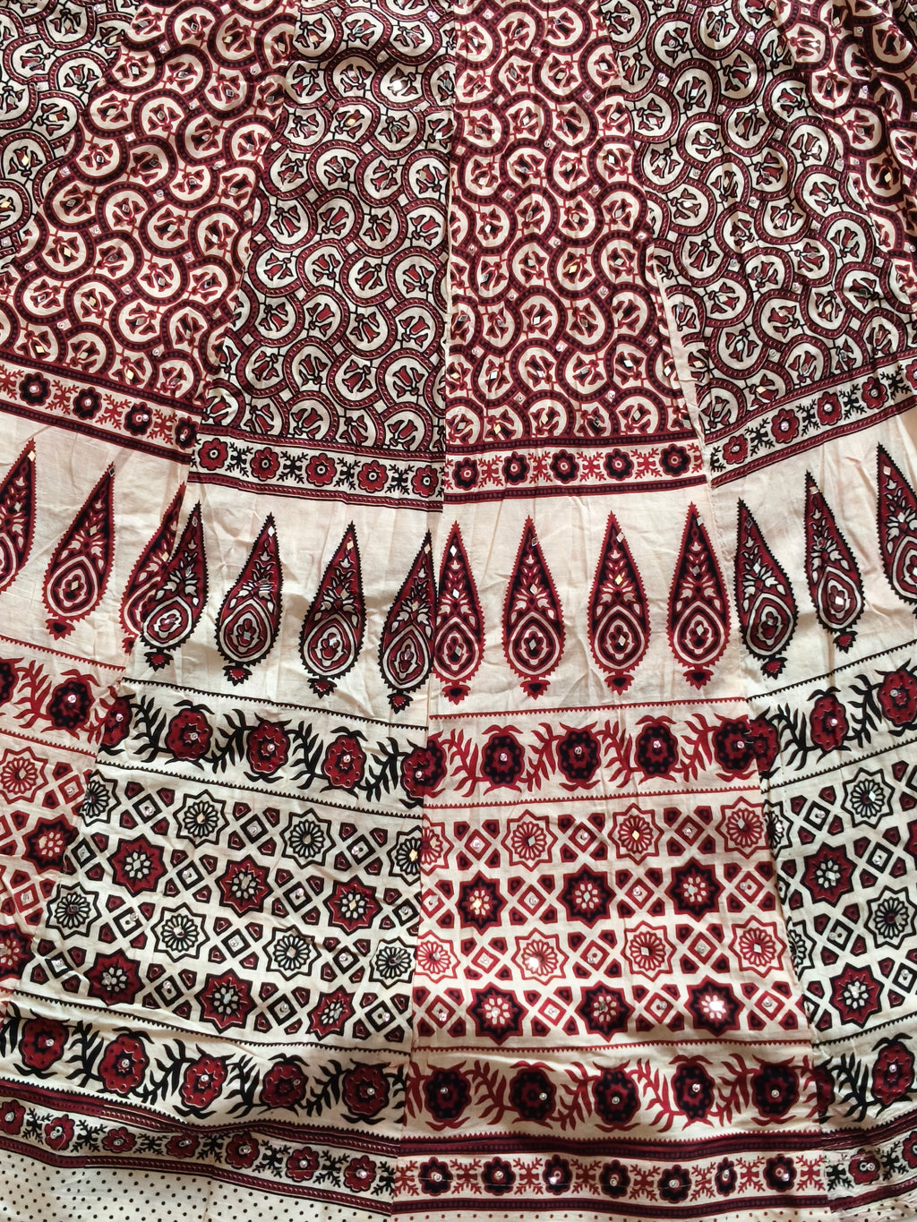 Ajrak lehenga cream and maroon border detail