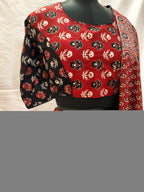 Red and black Ajrak blouse close-up