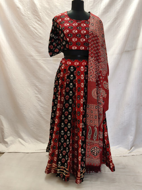 Ajrak Jugalbandi red and black Chania Choli full front view
