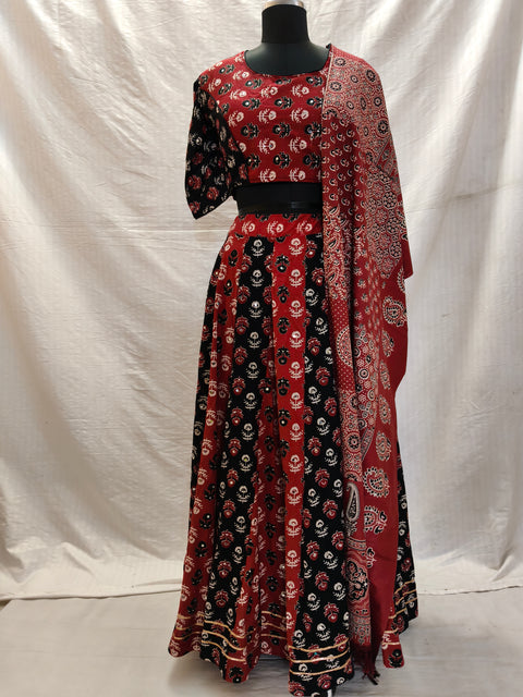 Red and black traditional Ajrak Chania Choli complete look