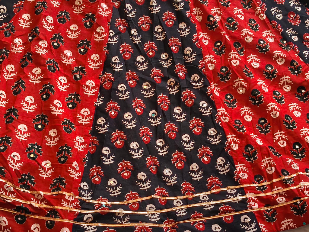 Red and black panelled Ajrak lehenga detail