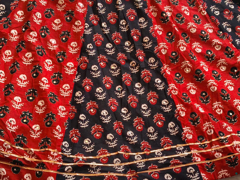 Red and black panelled Ajrak lehenga detail