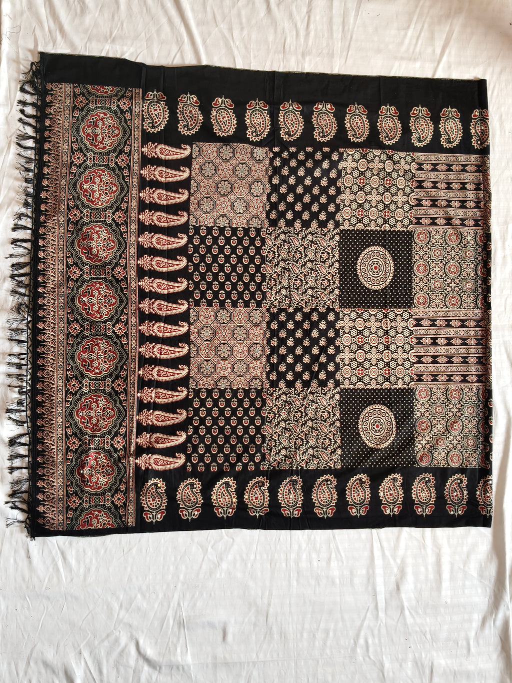 Black Ajrak patchwork dupatta flat lay
